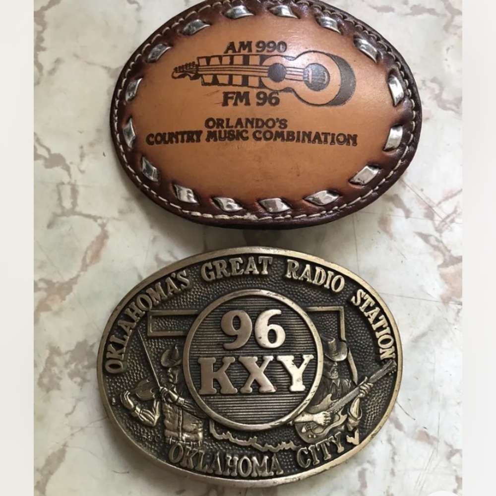 Vintage 70s 80s Cowboy Belt Buckles Solid Brass Leather Country Music Radio